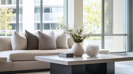 Fototapeta premium Minimalist modern living space with clean, elegant decor. Featuring sleek lines and soft colors