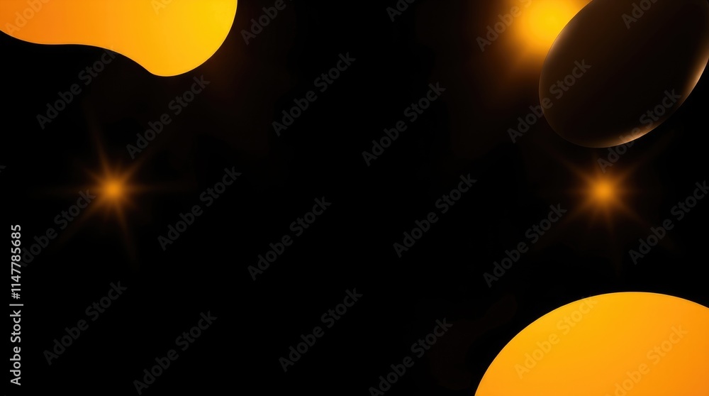 Poster bright orange shapes and glowing orbs float against a dark background, adding depth and vibrancy to 