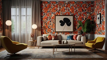 Modern living room with bold wallpaper patterns, eclectic modern furniture, layered textures, and ambient lighting, realistic 3D render.