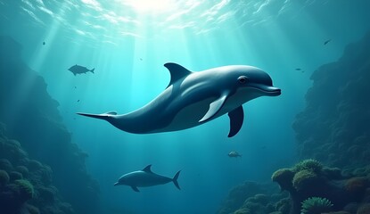 Fototapeta premium A pod of dolphins gracefully swims through crystal-clear ocean waters.