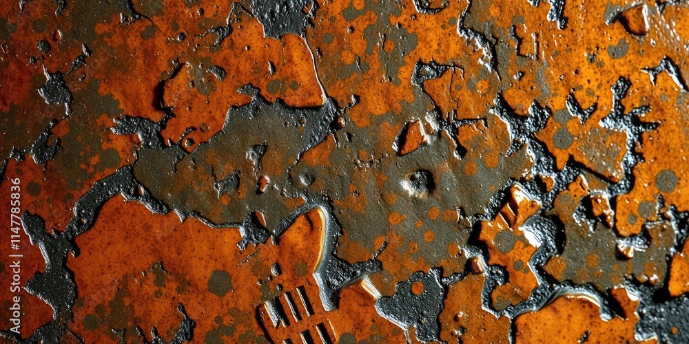 Poster close-up view reveals a textured surface with intricate patterns of rust and paint layers in orange 