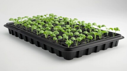 Close up view of a tray filled with numerous small green seedlings or sprouts representing the early growth stage of plants for sustainable farming gardening and eco friendly cultivation