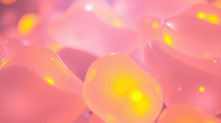 A mesmerizing assortment of colorful translucent orbs captures attention with their glowing yellow and pink hues, creating a whimsical and enchanting ambiance