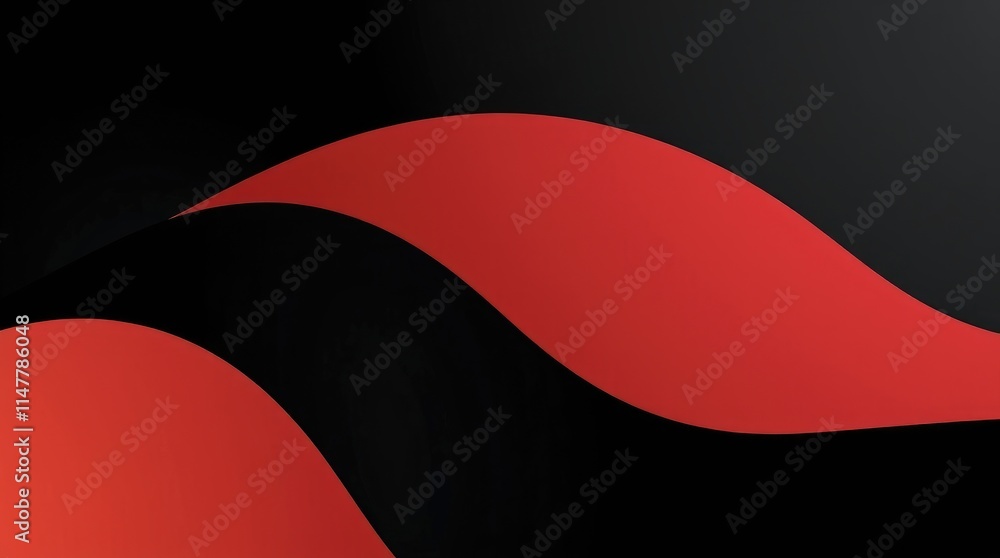 Poster curved red elements flow elegantly across a solid black background, creating a striking contrast and
