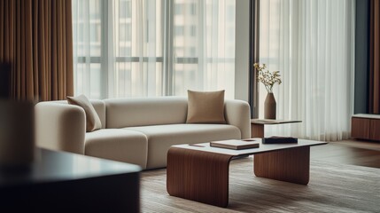 Fototapeta premium Minimalist modern living space with clean, elegant decor. Featuring sleek lines and soft colors