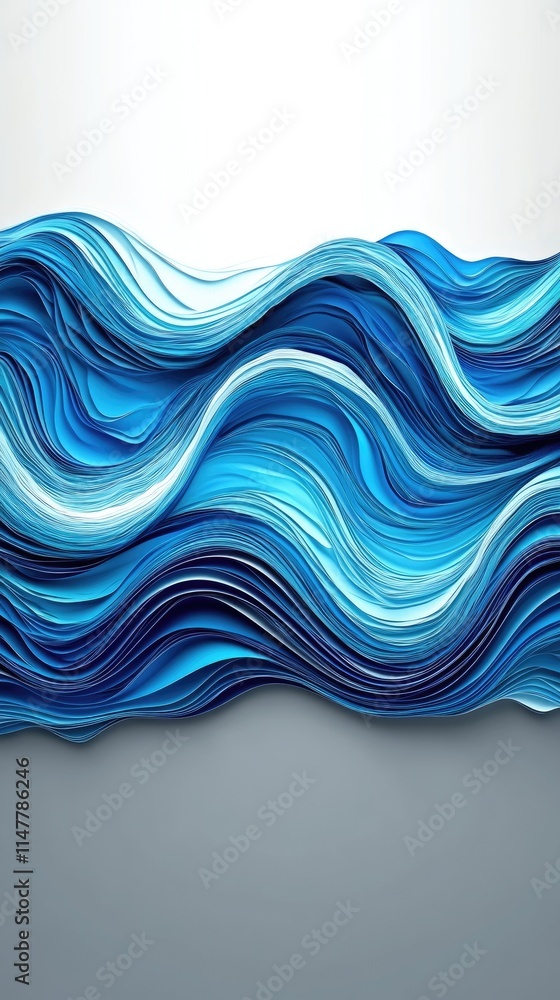 Poster layers of blue paper undulate to mimic ocean waves, presenting a serene and artistic display. the te