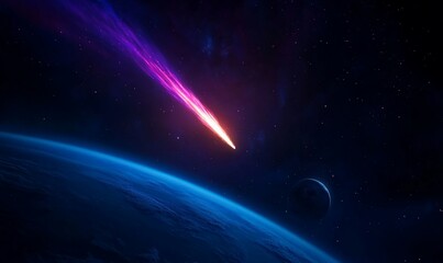 Comet streaking across dark space near a planet and moon.