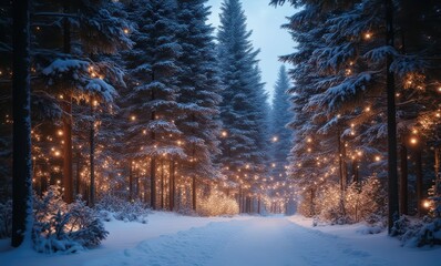 Magical snowy forest with twinkling lights