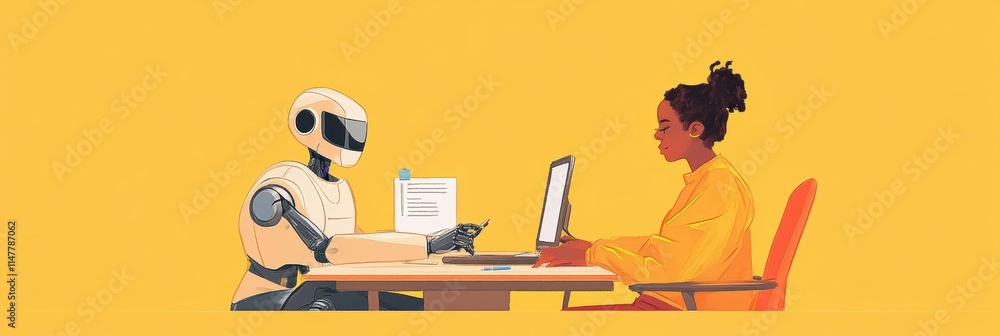 Aufkleber collaboration between human and robot at a workspace during a project development meeting. generativ