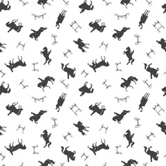 Seamless pattern featuring horse silhouettes, equestrian equipment, and riders in black on a white background