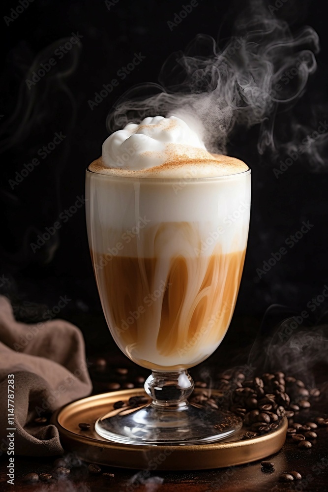 Poster  Steaming Latte Coffee with Foam in a Clear Glass