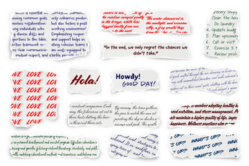 Naklejka premium Ripped paper strips with handwritten text. Realistic crumpled paper scraps with torn edges. Shreds of notebook, book or old newspaper pages. Trendy collage elements. Vector illustration