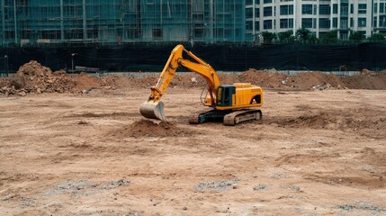 Labor shortage concept. A yellow excavator operates on a barren construction site, preparing the ground for future development amidst urban surroundings.