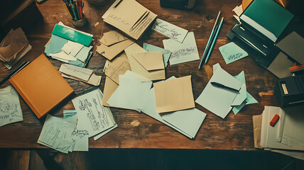 Creative workspace overload home office desk clutter stationery supplies organized chaos top-down perspective