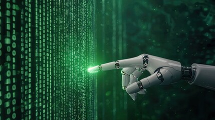 Fototapeta premium A robotic hand touches a glowing green digital matrix, symbolizing the intersection of technology and data.