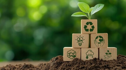 Net zero and Carbon neutral wooden block. Green plant growing from soil, surrounded by eco-friendly blocks with symbols of sustainability.
