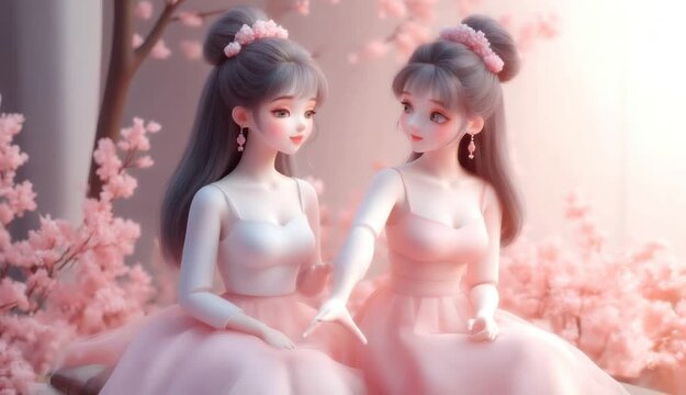 dos chicas iguales de pelo largo posando y hablando entre ellas. Imagen tierna, dulce. Estilo kawaii