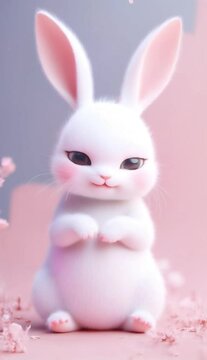 Conejo s&uacute;per tierno y suave mirando y hablando a c&aacute;mara. Estilo kawaii. Fondo rosa