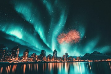 Obraz premium Spectacular Night View of City Skyline Illuminated by Aurora Borealis and Fireworks Display over Calm Water Reflections in a Starry Sky