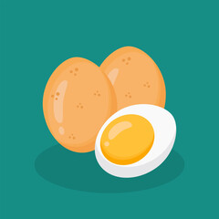 Half egg and egg in shell isolated, designed in flat cartoon style. Boiled egg icon. Vector illustration of egg. 