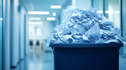 Office recycling action overflowing paper trash bin in modern office environment focused view on waste management