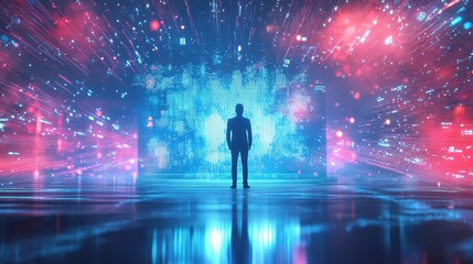 Abstract Visualization of Business Success and Innovation with Dynamic Data Streams and Silhouetted Figure