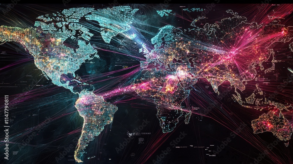 Poster global growth trends visualization with focus on connectivity and data interaction across the world 