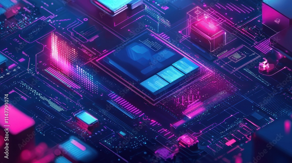 Poster abstract technology network visualization with vibrant color patterns and complex circuit design ele