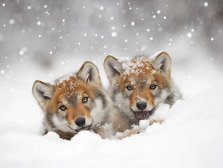 Obraz premium Two adorable wolf pups resting in the snow, their blue eyes sparkling and fur sprinkled with snowflakes, creating a serene and heartwarming winter scene