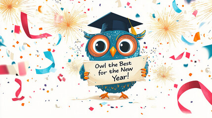 A glossy-eyed cartoon owl with a graduation cap and fireworks behind it, holding a scroll that says "Owl the Best for the New Year!" Festive 