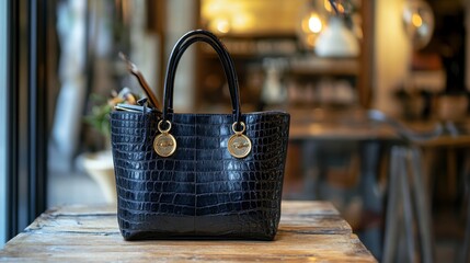Elegant Black Crocodile Leather Handbag on Rustic Wooden Table