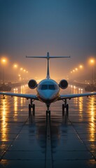 Airplane on Runway During Foggy Night Generative AI