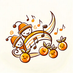 Fototapeta premium Joyful tangerine characters and music notes, playful mood, whimsical illustration, light background