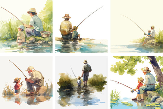 father and son fishing watercolor clipart