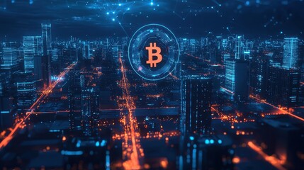 Fototapeta premium Visualization of Financial Growth in the Economy with Cryptocurrency and Urban Landscape at Night