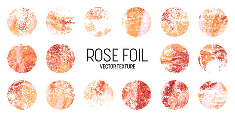 Grunge rose gold foil, shiny handmade circles. Golden glittering texture, pattern. Luxury shining hand drawn background. Wedding, greeting card decoration elements. Modern art. Vector illustration