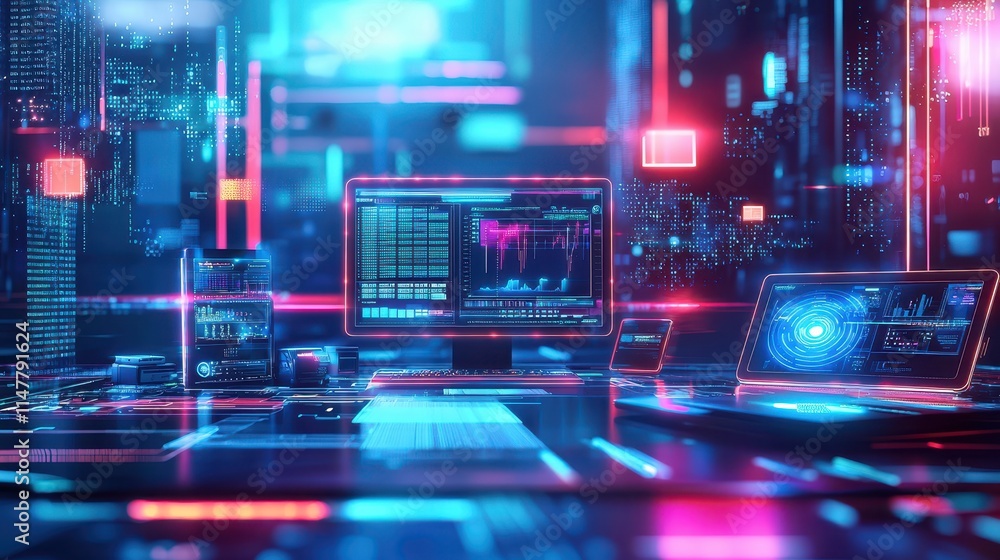 Poster futuristic workspace with advanced technology, data visualizations, and neon lights in a modern envi