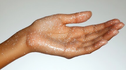 Fototapeta premium A hand covered in shimmering glitter against a light background.