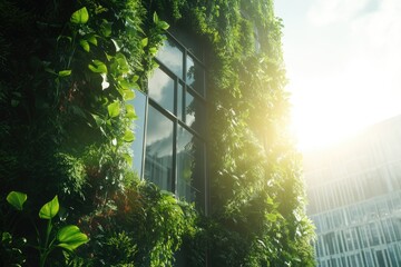 Wall of high rise building covered with plants  reflection of sunlight in one of the windows