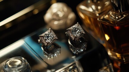 Elegant diamond earrings with sparkling details on reflective surface