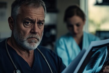 Fototapeta premium A general practitioner examining an X-ray film, deep in thought, while a nurse organizes medical files behind him