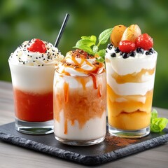 A vibrant display of three delicious, layered desserts in glasses, topped with fruits and cream, showcasing a refreshing and indulgent treat.