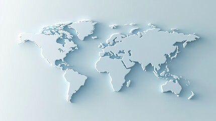  3D world map with a light blue background, simple design, white paper texture