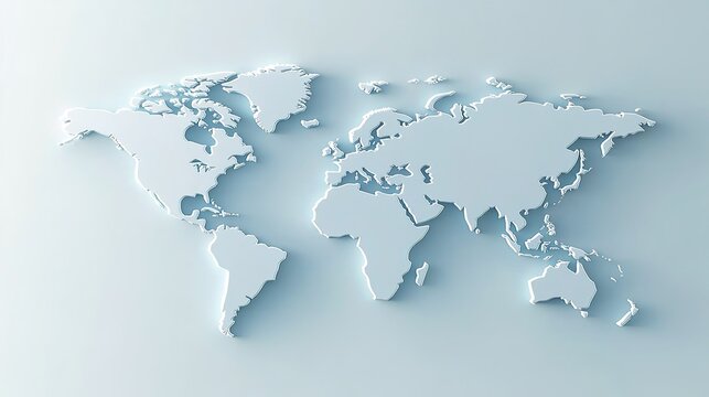 Fototapeta  3D world map with a light blue background, simple design, white paper texture