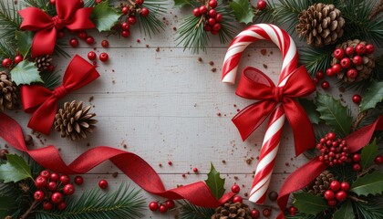 Candy canes with festive ribbons and bows with pine branch on a holiday-themed table featuring red and white decorations