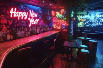 Vibrant Nightclub Interior with Neon Lights and a "Happy New Year" Sign, Showcasing a Lively Atmosphere in a Trendy Bar Setting for Celebratory Events