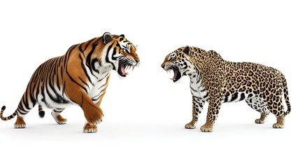 Obraz premium Face-Off: Tiger and Leopard in Fierce Confrontation - Isolated on White Background