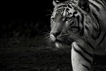 Obraz premium Black and white portrait of a wild tiger intense stare solid black background highly detailed fur sharp contrast realistic texture