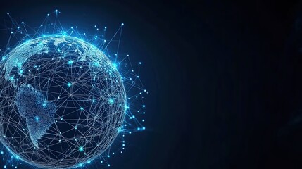 Obraz premium A digital globe with blue glowing connections, representing a global network and connectivity on a dark background.