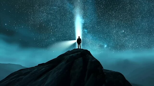 Man Exploring Starry Night with Flashlight on Rocky Hilltop